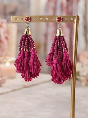 Ruby Tassel Statement Earrings | Bold Magenta Beaded Fringe | Gold Accent